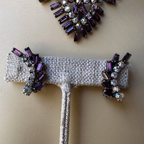 VTG 1950s Choker Necklace 15" Aurora Purple Crystal Rhinestone Earrings 1" - Picture 9 of 12